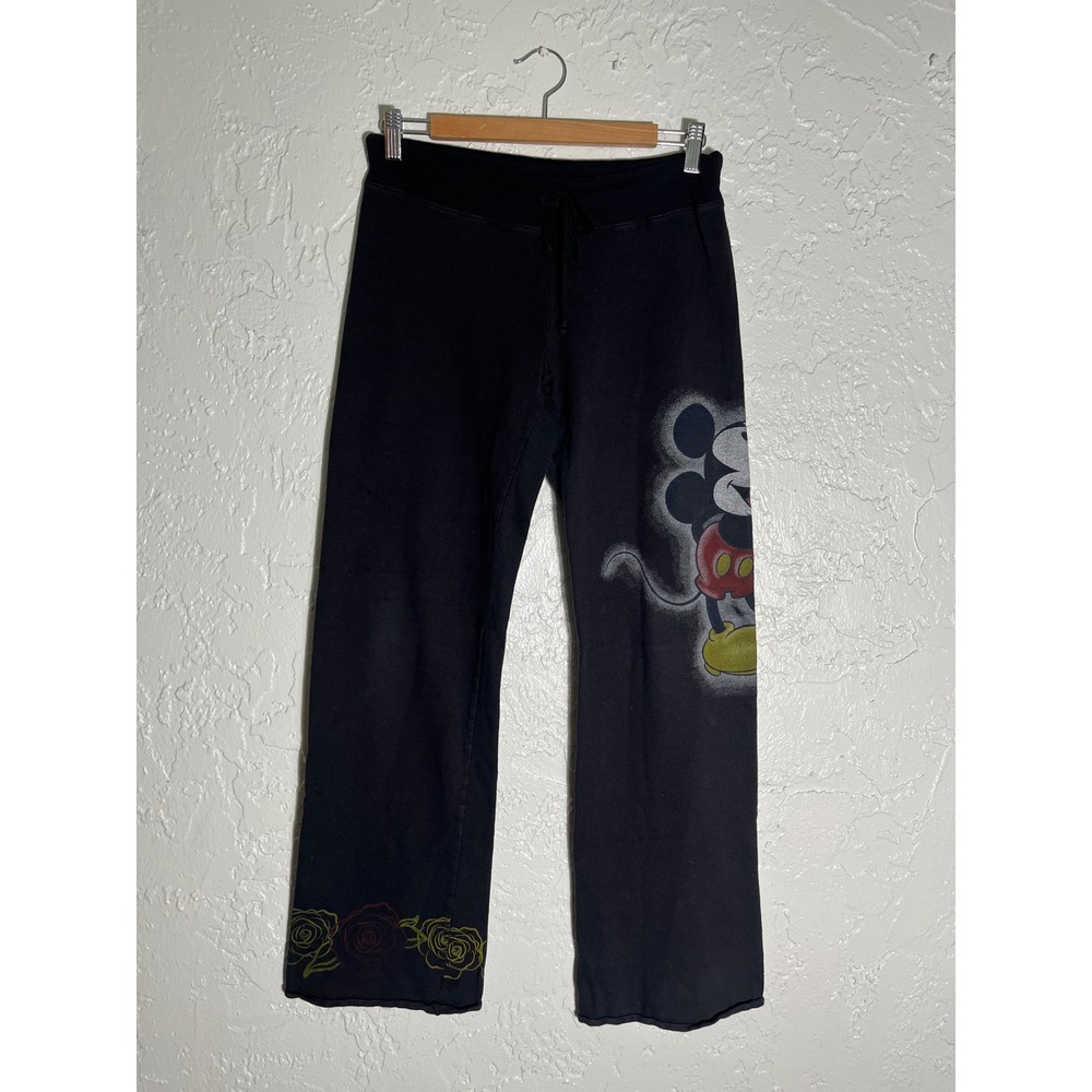 Disney Mickey Mouse Sweatpants Small Black Roses Graphic Y2K Wide Leg